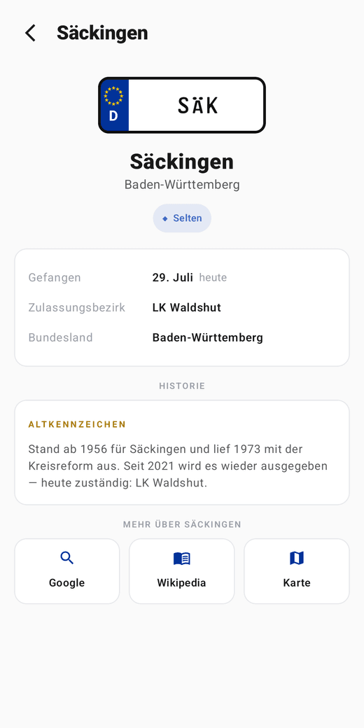 Kennzeichen-Detailseite in KFZetti: SÄK für Säckingen mit Seltenheit und Altkennzeichen-Historie
