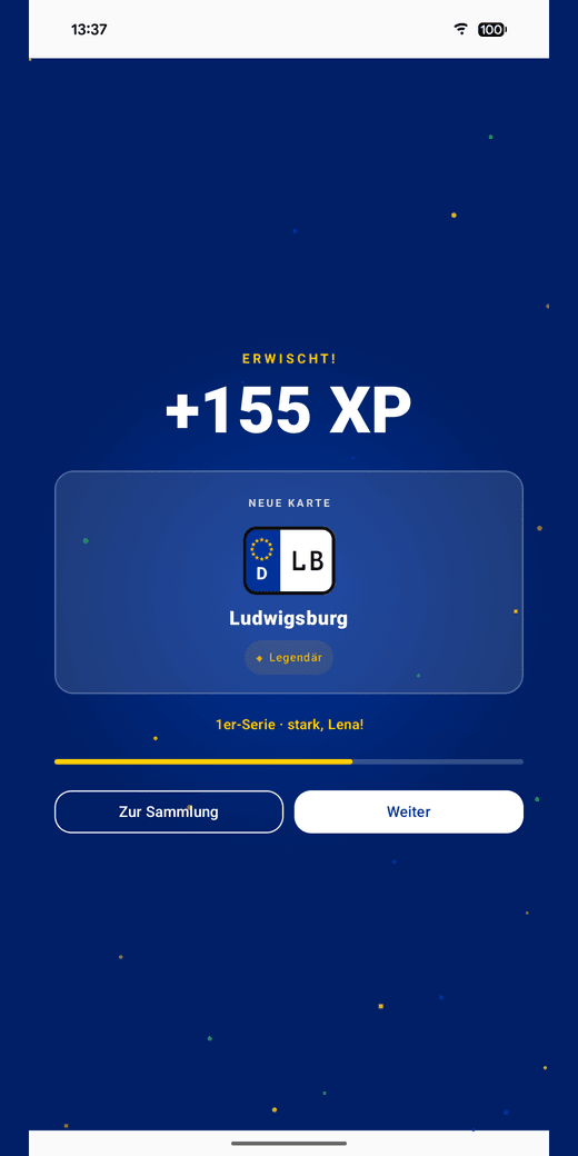 Erwischt-Belohnungsbildschirm in KFZetti mit XP-Gewinn und neuer Sammelkarte