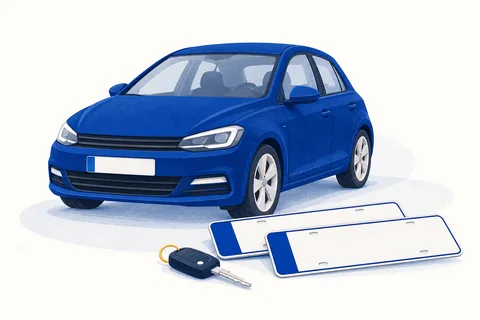 Illustration: Ein blaues Auto, zwei symbolische Kennzeichenschilder und ein Schlüssel.