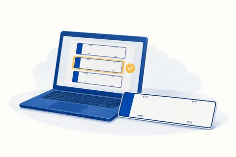 Illustration: Ein Laptop zeigt die Auswahl zwischen symbolischen Kennzeichen.